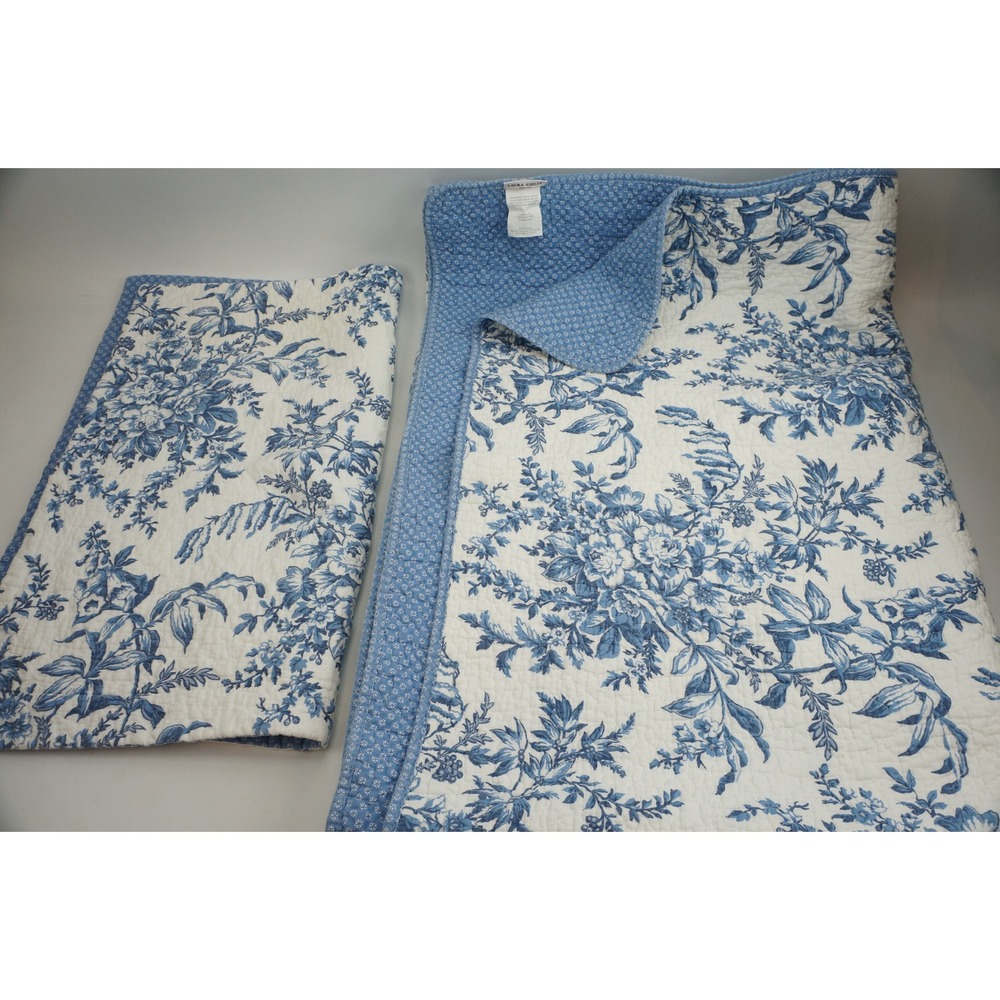 Laura Ashley Bedford 84x64 Quilt + 28x23 Pillow Sham Blue Floral Cotton EUC